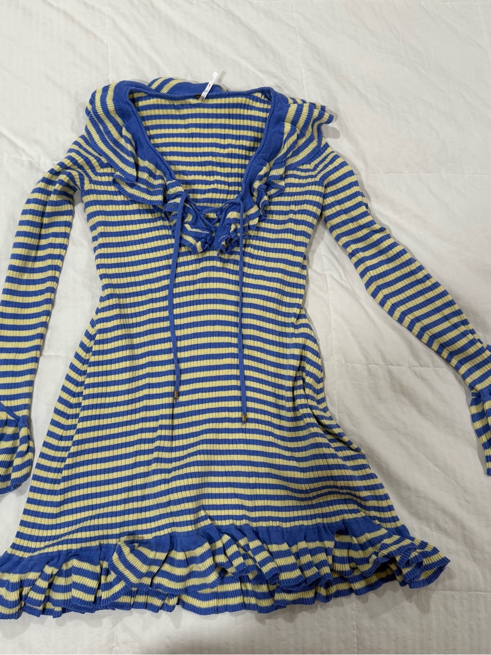 Free People Blue and Yellow Striped Ruffle Dress